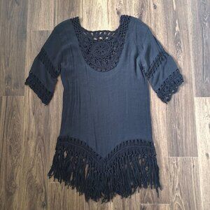 💙 Fringe Crochet Boho Western Swim Cover Up Dress Black Size M/L